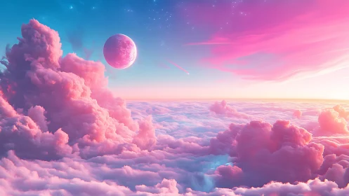 Pink cloudscape with distant planet above horizon line.
