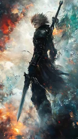 Lone anime swordsman strides through swirling elemental storm.