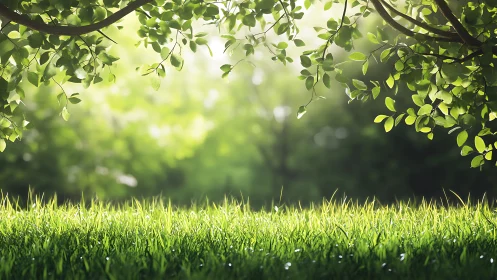 Sunlit green meadow edges frame bright blurred forest view