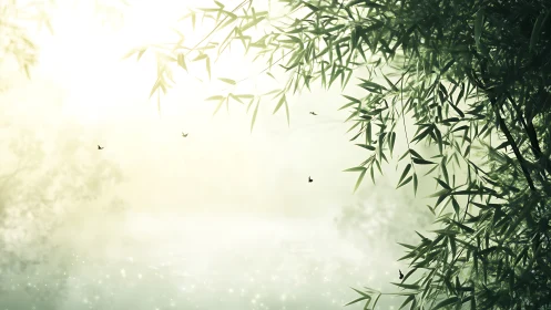 Soft morning light through bamboo over misty water scene.