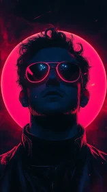 Neon backlit portrait with high contrast rim lighting and reflective visor