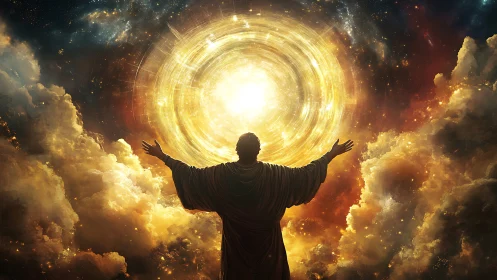 Mystic robed figure before radiant celestial energy vortex.