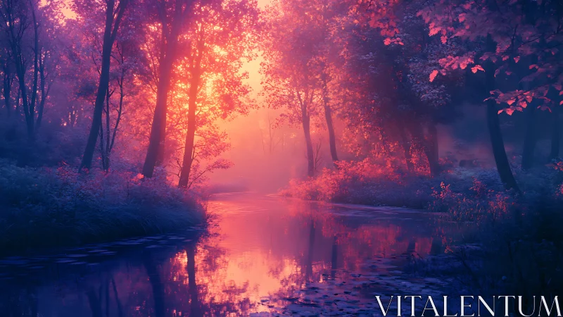 Enchanted river glows beneath vivid pink twilight sky.