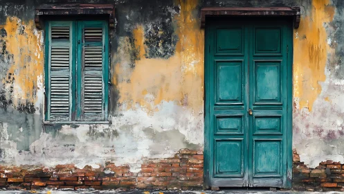 Weathered teal door and shuttered window enrich a rustic wall