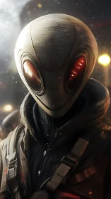 Mysterious streetwise alien traveler in a glowing night scene.