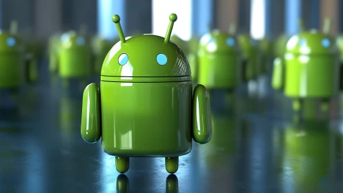 Glossy green android mascots march across chrome horizons.