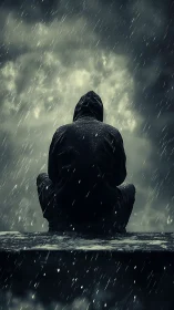 Solitary figure in a hooded coat quietly facing the storm