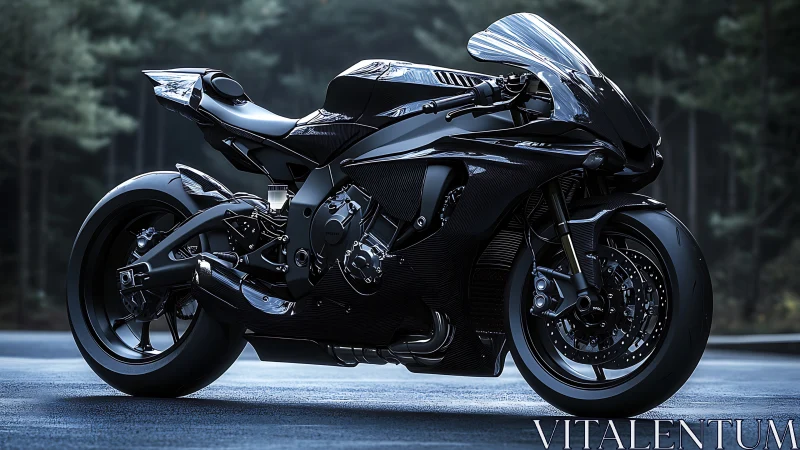 Carbon fiber superbike glows under moody forest light.