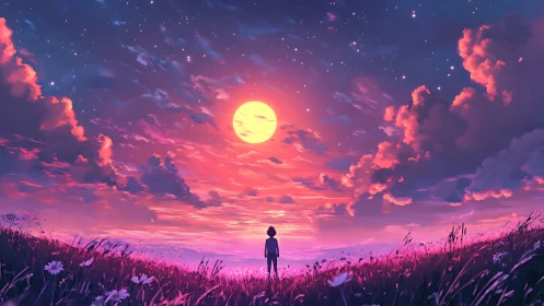 Solitary figure under neon sunset sky in wildflower field.