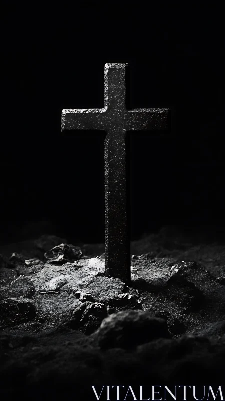 High contrast stone cross monument in desolate rocky terrain