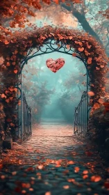 Ornamental Iron Archway with Red Heart-Shaped Floral Cluster