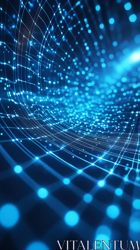 Curved digital grid with glowing blue data particles in motion.