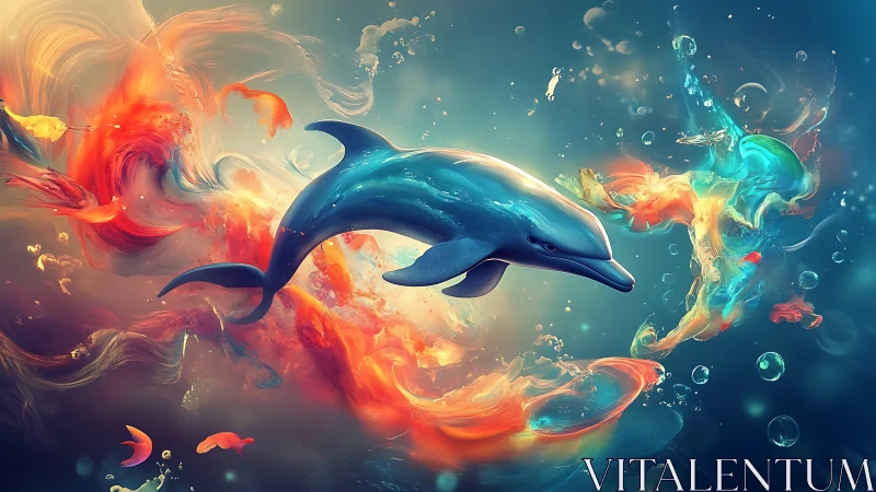 Chromatic dolphin glides through abstract liquid nebula forms