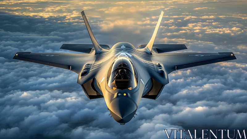 Stealth fighter jet flying above layered cloud cover.