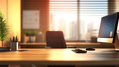 Modern desktop workspace in bright corporate office.