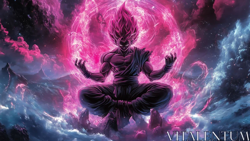 Powerful anime warrior meditating in glowing cosmic storm.
