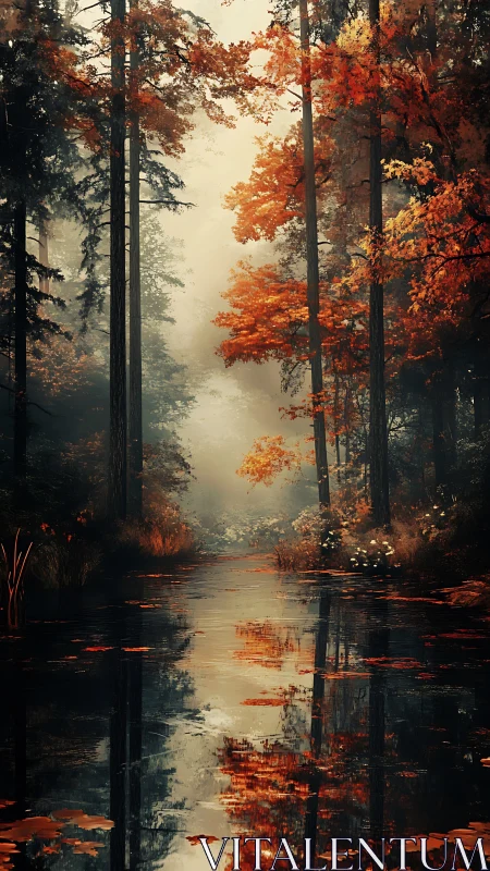 Autumn's Peaceful Waterway Through Misty Woods