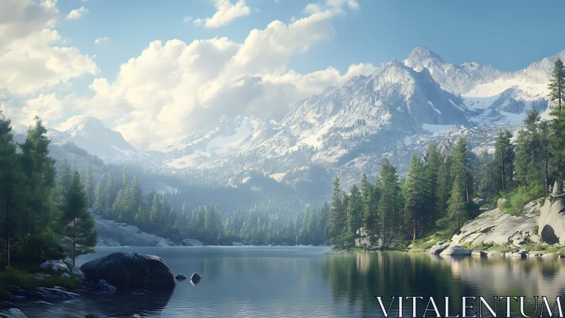 Gentle alpine lake rests beneath bright, snow crowned peaks