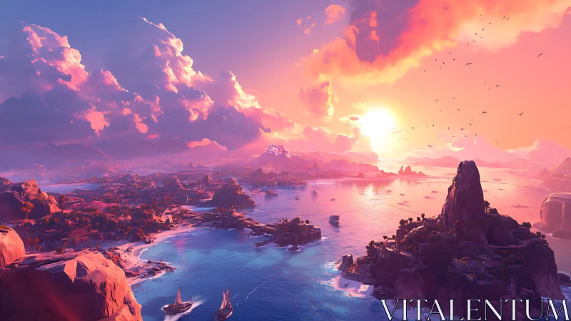 Luminescent Alien Seascape with Dramatic Sunset Sky.