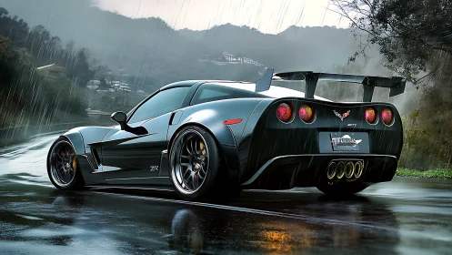Sleek black sports car waits on a rain-soaked mountain road