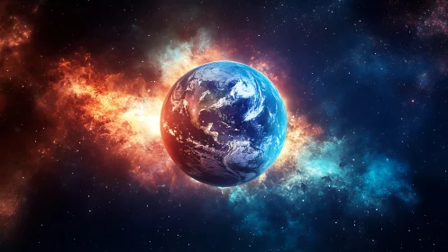 Planet Earth rendered in space with surrounding colorful nebula