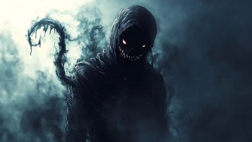 Shadow demon stalks through toxic mist with burning eyes.