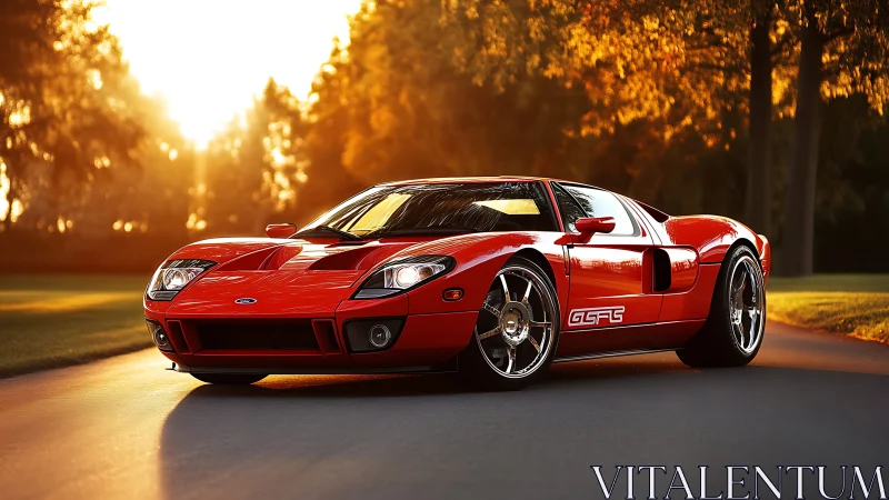 Red sports coupe is parked on a road at sunset