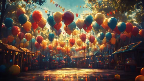 Festival Pavilion Beneath Cascading Balloons and Golden Light.