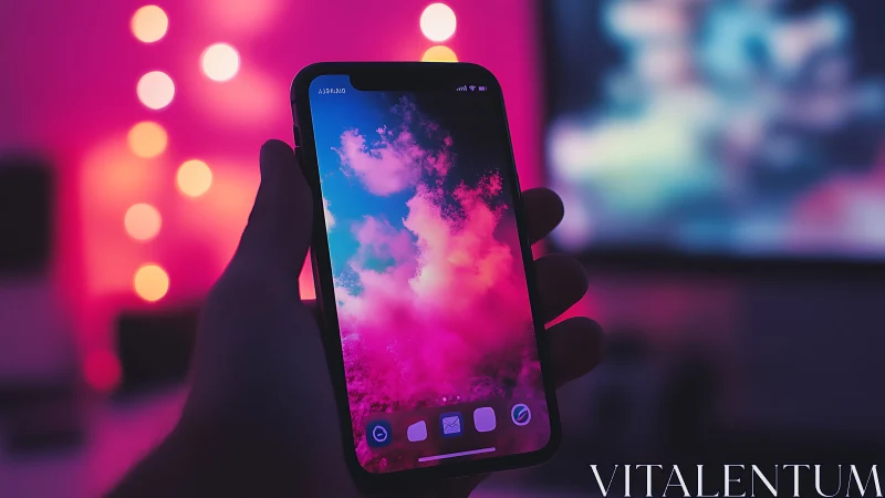 Neon-Lit Smartphone Display With Gradient Cloud Wallpaper.