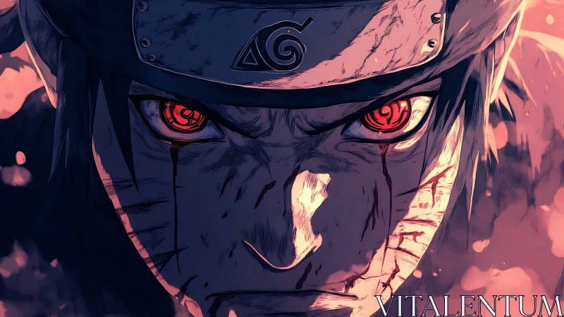 Intense close-up of injured anime ninja with glowing eyes