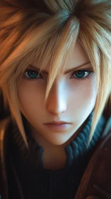 Intense teal gaze of spiky blond warrior in close focus.