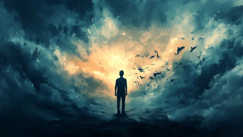 Silhouette walker meets dawn storm of wings and wonder.