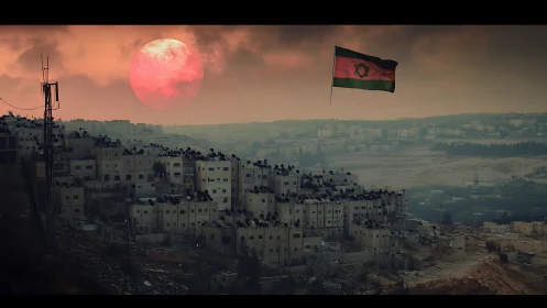 Dusky hillside city beneath a dramatic red setting sun.