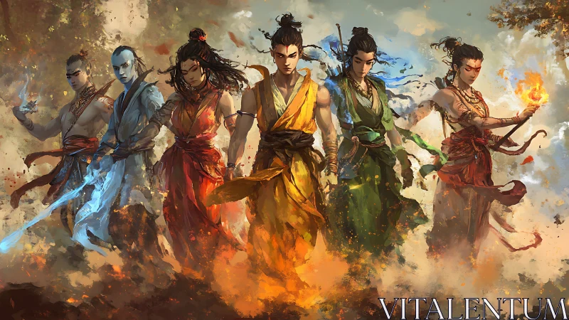 Elemental warriors stride through storm of fire and light