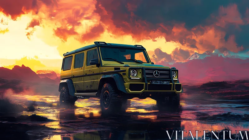 Yellow Mercedes G-Class SUV in dramatic wet landscape.