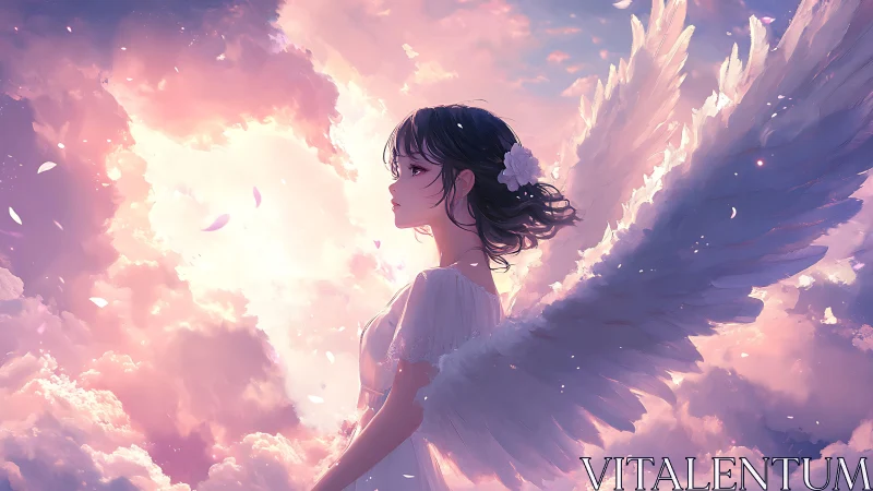 Gentle winged girl resting in a glowing pastel sky.