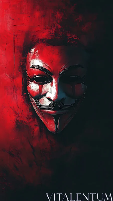 Digital painting of red mask emerging from abstract shadow field.