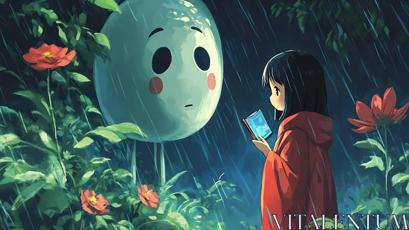 Girl meets gentle forest spirit under rainlit flowers.