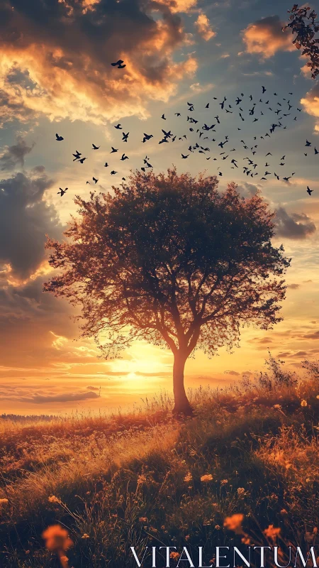 Solitary tree on hillside with birds against sunset sky.