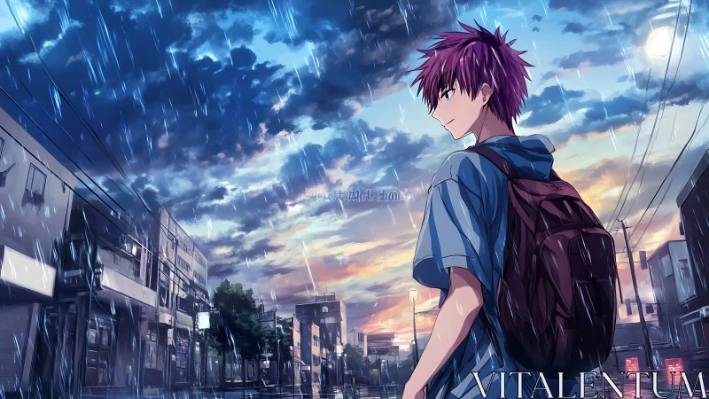 Rain-silvered streets cradle a lone student between storms