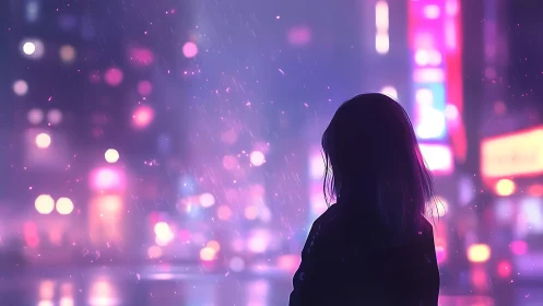 Silhouetted figure in neon rain over blurred city bokeh.