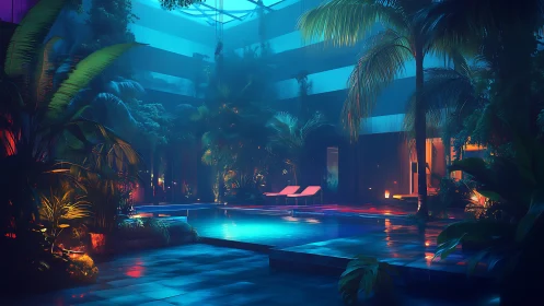 Neon lit indoor tropical pool with lush palm plants.