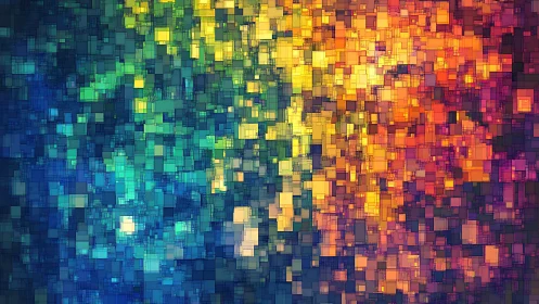 Geometric pixel mosaic with radiant blue to orange gradient.