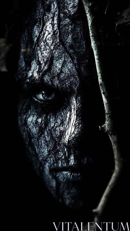 High-contrast bark-textured humanoid face in deep shadows