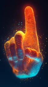 Glowing digital fingertip reaches forward in vibrant space.