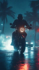 Nocturnal motorcyclist in cinematic neon rain environment.
