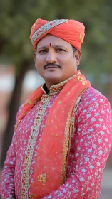 Proud man smiles gently in vibrant traditional Indian attire