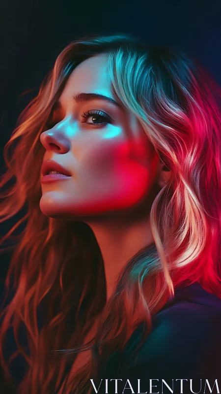 Soft neon portrait of a thoughtful young woman in glow.