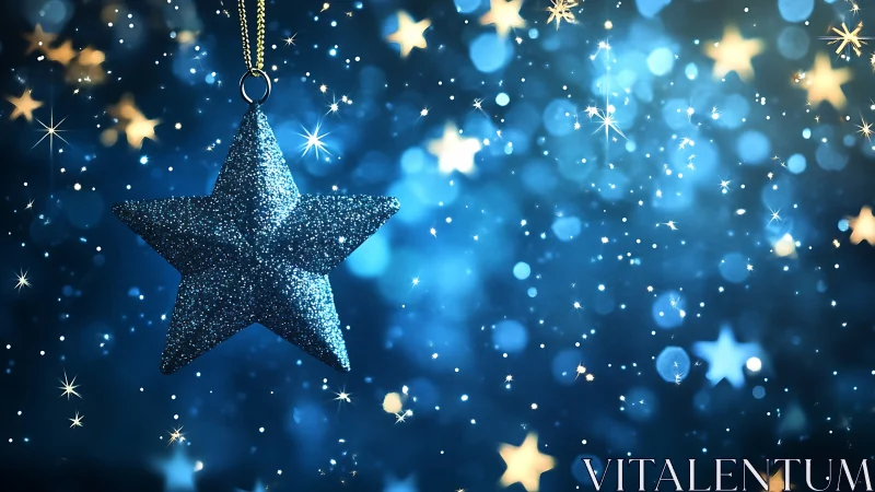 Glittering blue star ornament amid dreamy festive bokeh.
