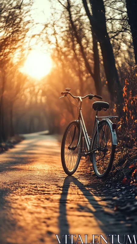 Bicycle on Forest Path at Golden Hour Sunset